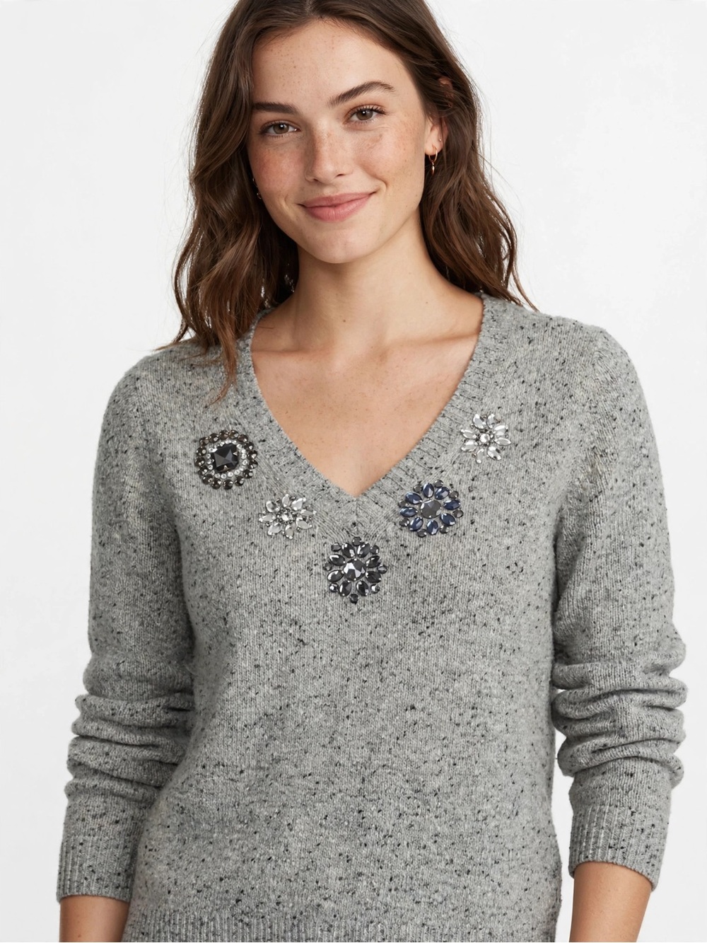 J.Crew Jeweled Lambswool V-Neck Sweater Large Gray Embellished Wool